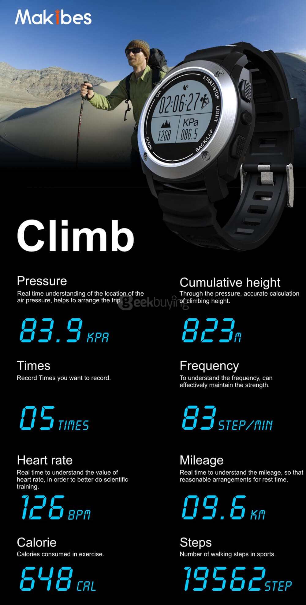 Makibes G01 Smart Sport Watch Heart Rate Monitor Pressure/Temperature/Height Measurement Outdoor GPS Training Mode Activity Tracker - Black
