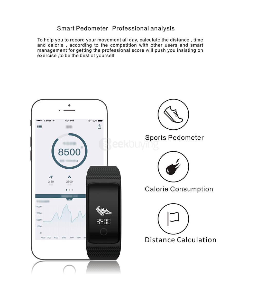 A09 BLE4.0 Smart Bracelet Heart Rate/Blood Pressure/Blood Oxygen/Fatigue Detection Fitness Tracker IP67 Waterproof for Android iOS - Black