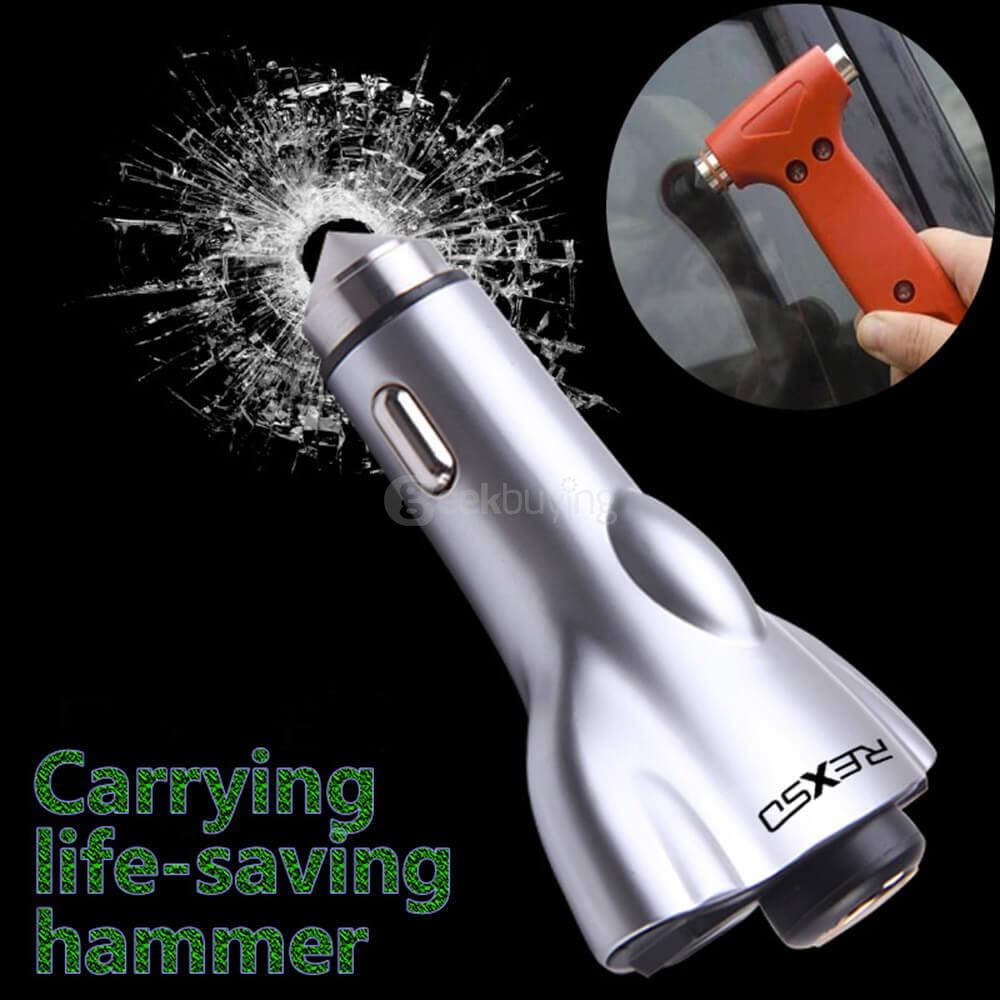 REXSO R20 Intelligent Car Charger Dual USB Ports With Bluetooth 4.1 Earphone Saft Hammer - Silver White