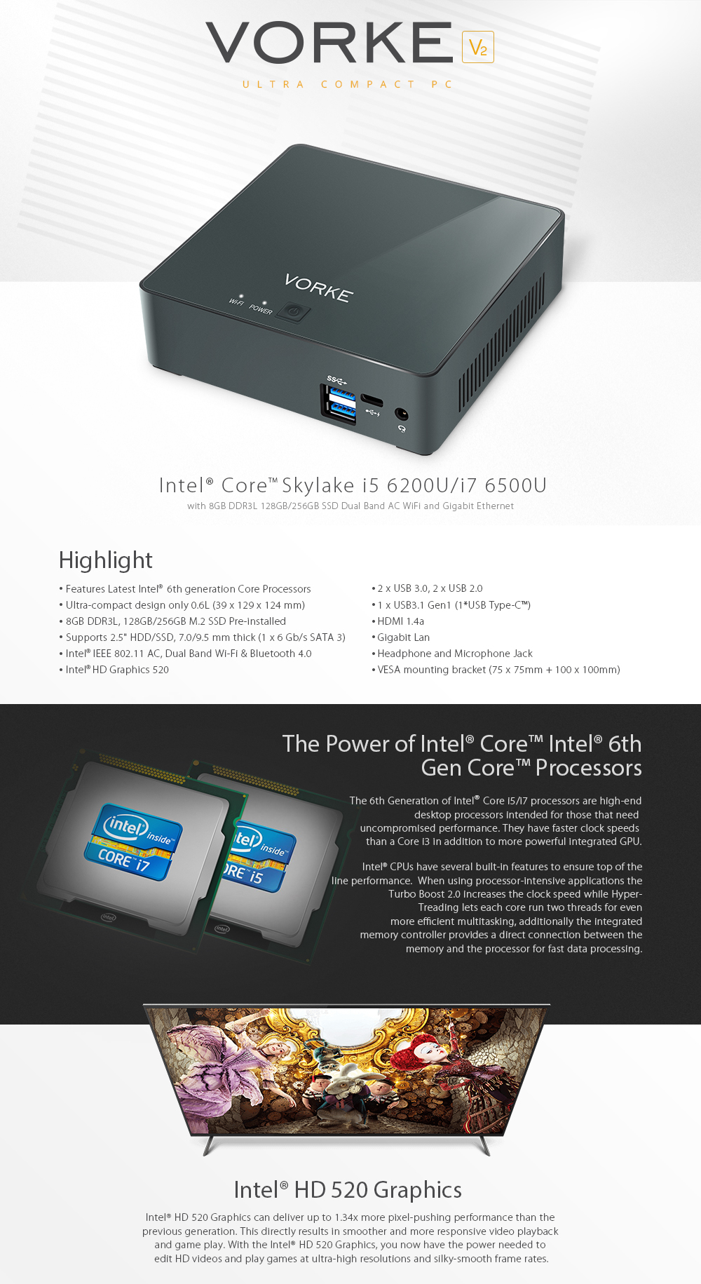 VORKE V2 Ultra Compact PC Intel Skylake I7-6500U Ubuntu16.04 8G DDR3L 256G Samsung SSD 802.11AC WIFI Gigabit LAN HDMI USB 3.1 Type C
