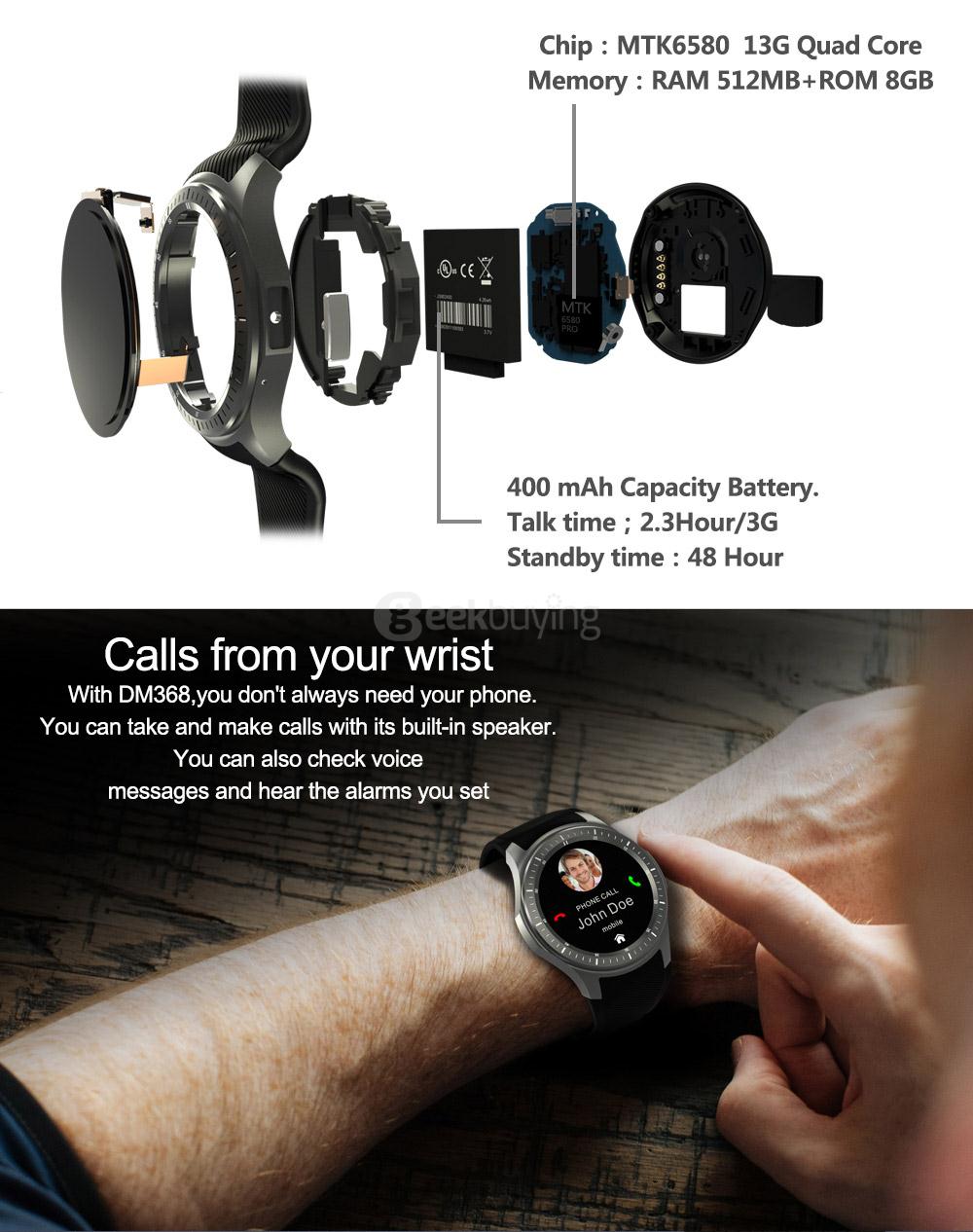 Makibes DM368 Bluetooth 4.0 3G Smart Watch Phone Android 5.1 MTK6580 Quad Core 1.3GHz 512MB/8GB WiFi GPS Heart Rate Monitor - Black