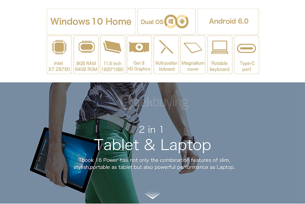 Teclast Tbook 16 Power Tablet PC 11.6 inch Dual OS Windows 10 + Android 6.0 8GB/64GB Intel Atom X7 Z8750 Quad Core 2.56GHz IPS 1920*1080 Type-C - Gray
