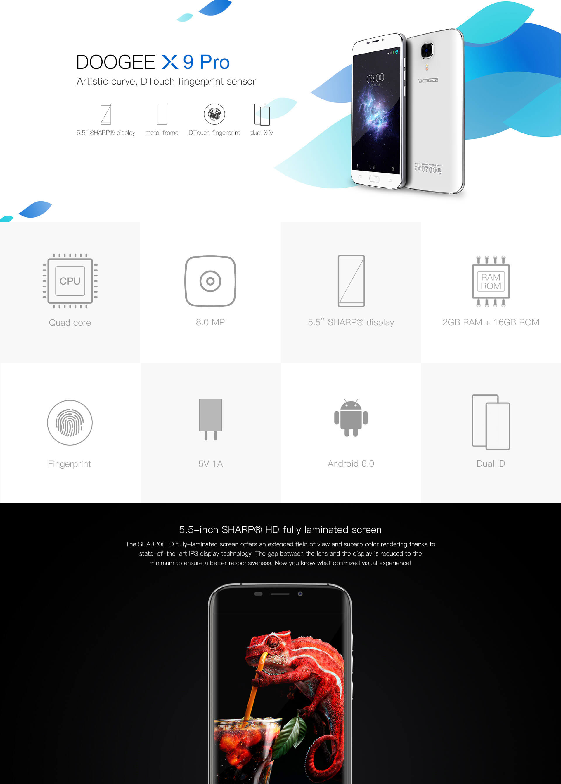 [Spain Stock]Doogee X9 Pro 5.5inch HD 2.5D Screen Android 6.0 4G LTE Smartphone MT6737 Quad Core 2GB RAM 16GB ROM 5.0MP 8.0MP TOUCH ID OTG - Black