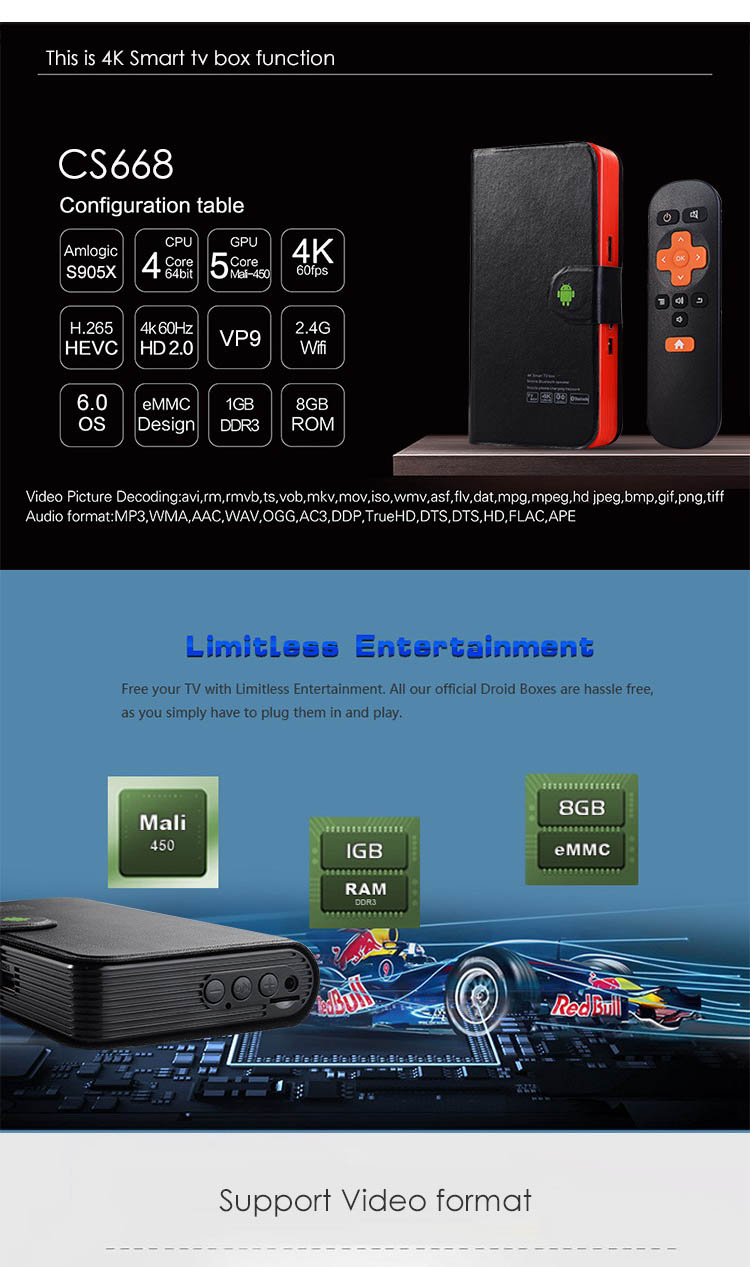 CS668 4K TV BOX 5000mAh Power Bank Bluetooth Speaker Combo Android 6.0  Amlogic S905X 8GB ROM WIFI DLNA Miracast  - Red