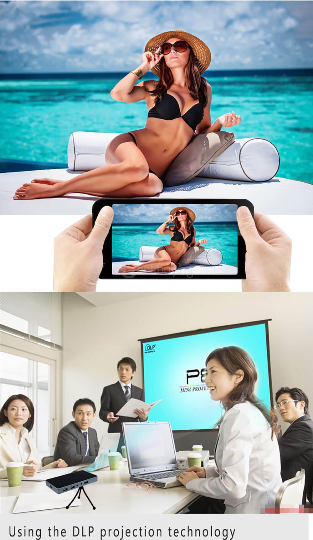 P8 Smart Mini DLP Projector Android 4.4 OS 1GB/8GB 800 Lumens 854*480 Pixel Bluetooth 4.0 2.4G/5.8G WiFi Airplay Miracat HD 1080P - Black