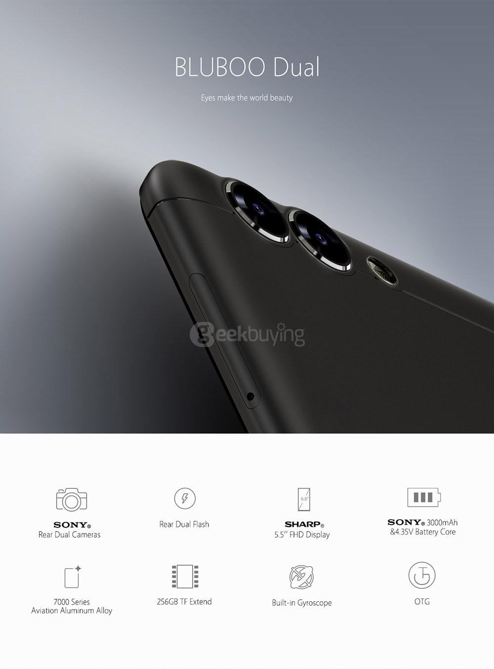 [HK Stock]Bluboo Dual 5.5inch FHD Android 6.0 4G LTE Smartphone MT6737T Quad Core 1.5GHz 2GB RAM 16GB ROM Dual Rear Cameras 13.0MP+2.0MP Touch ID OTG - Black