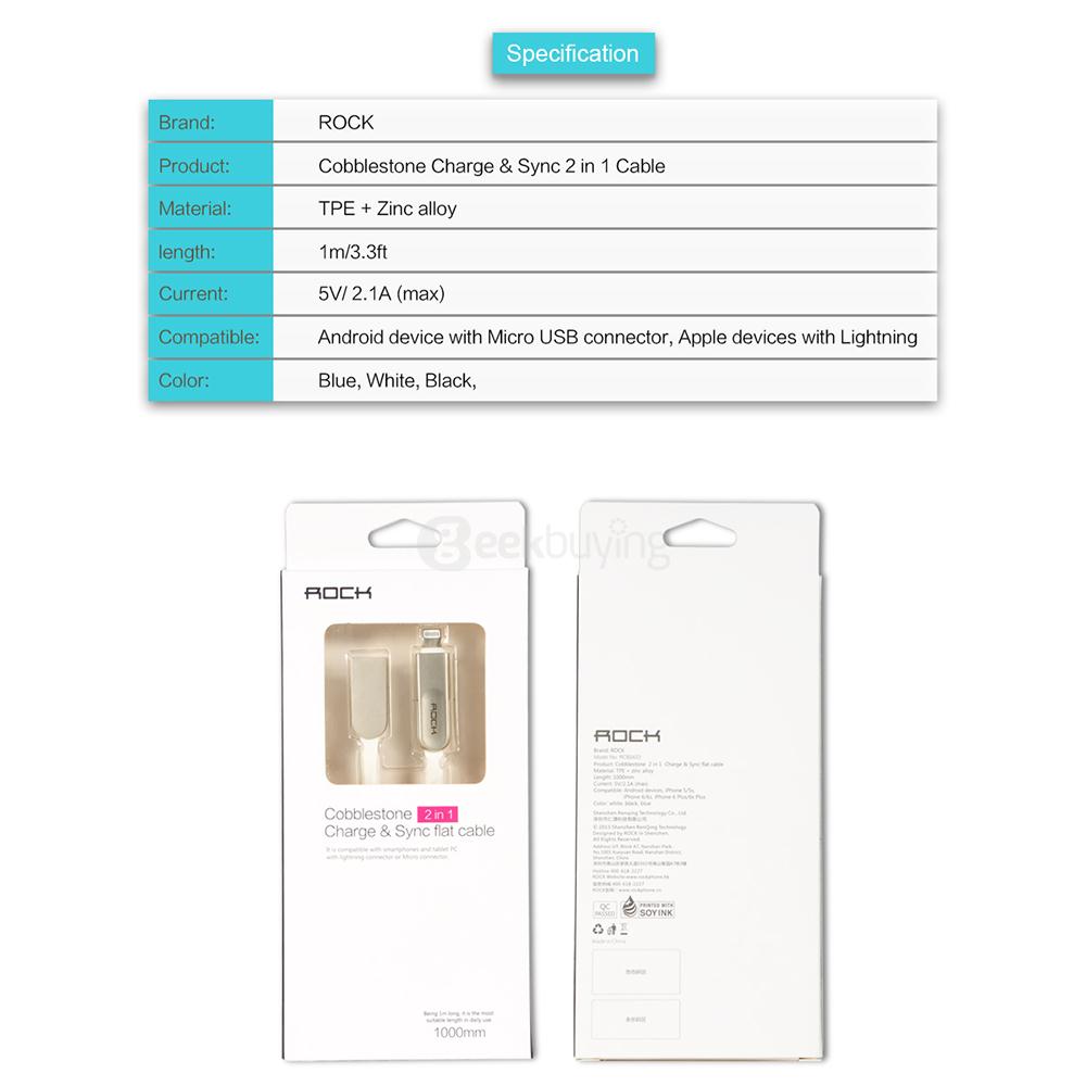 Rock 1M Micro + 8Pin Interface 2 In 1 USB Charging And Sync Zinc Alloy Cable For IOS And Android - Black