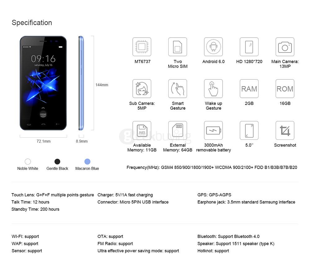 [HK Stock]HOMTOM HT16 Pro 5.0inch HD Android 6.0 4G LTE Smartphone MT6737 Quad Core 1.3GHz 2GB RAM 16GB ROM 5.0MP+13.0MP Fast Charge Hotknot - Blue