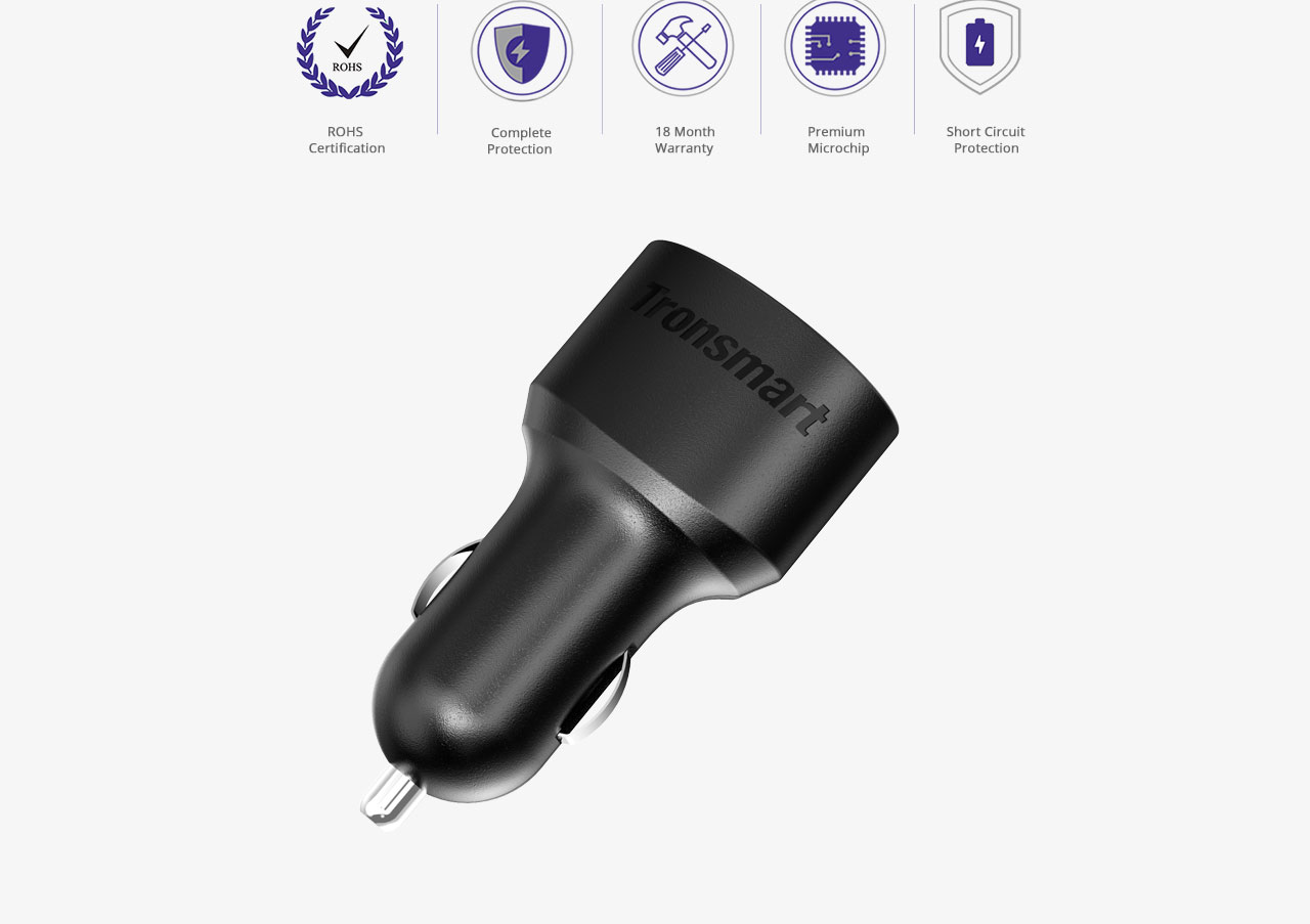 Tronsmart 2 Ports Quick Charge 3.0 33W Type A USB Car Charger for Quick Charge 3.0 and 2.0 Compatible Device