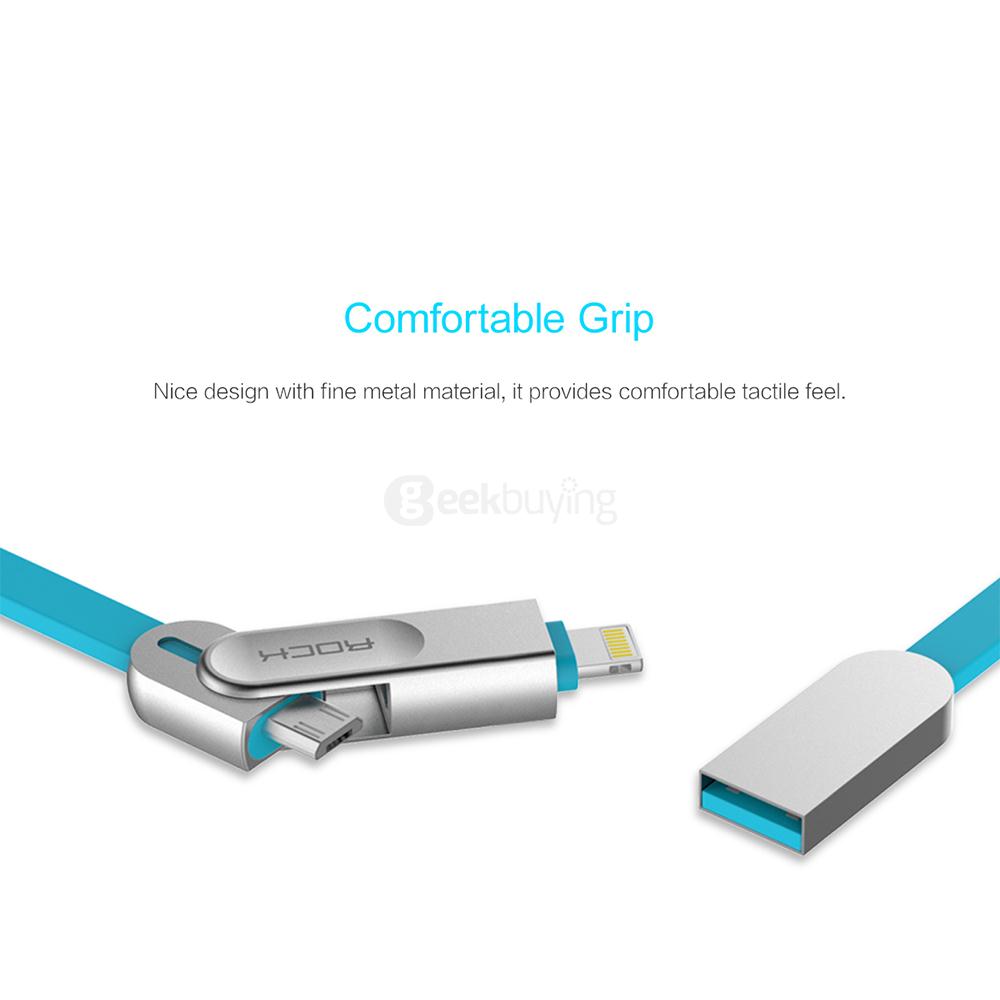 Rock 1M Micro + 8Pin Interface 2 In 1 USB Charging And Sync Zinc Alloy Cable For IOS And Android - Black