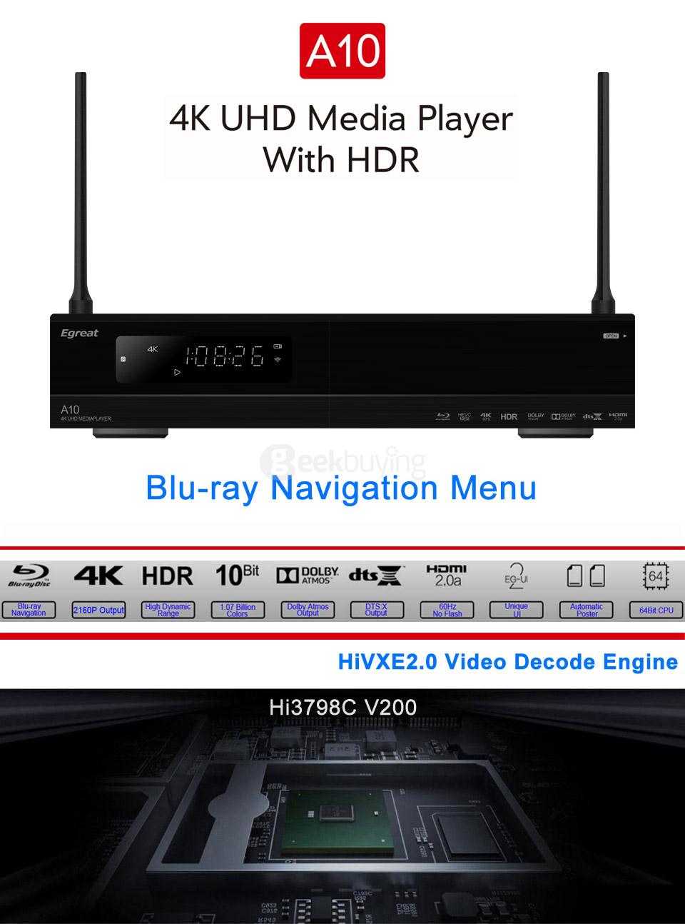 Egreat A10 4K UHD Media Player Hi3798CV200 2G/16G AC WIFI Gigabit LAN HDR10 Blu-ray 3D Dolby ATOMS DTS X VIDON XBMC