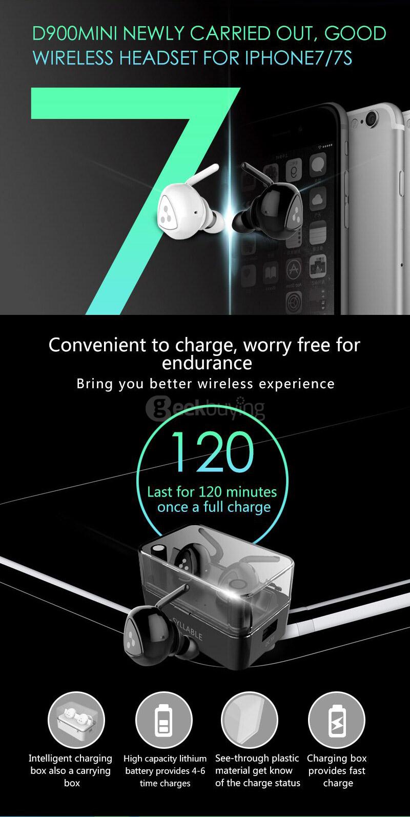 Syllable D900 Mini Wireless Bluetooth 4.1 Double-ear Sport Earphones with Charging Box - Black