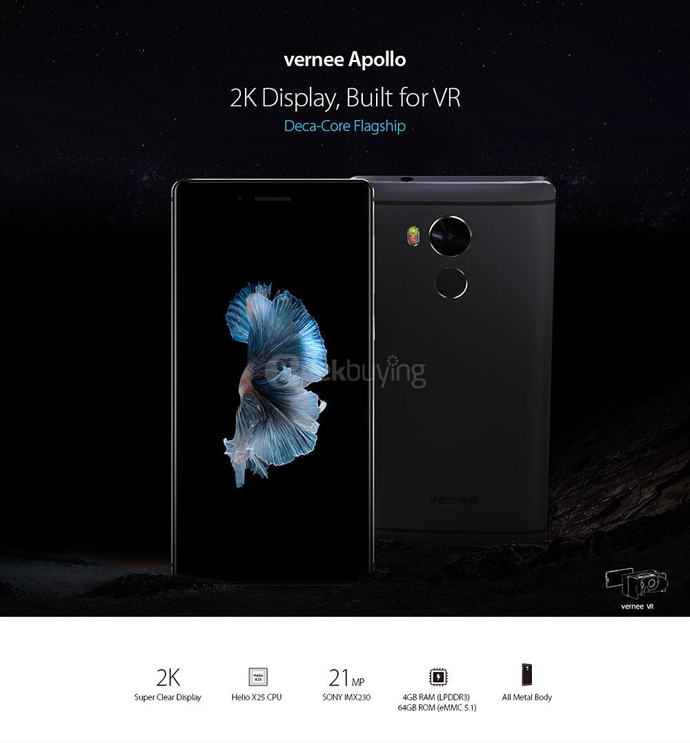 [HK Stock]Vernee Apollo 5.5inch 2.5D 2K Screen Android 6.0 Smartphone Helio X25 MT6797T Deca Core 4GB RAM 64GB ROM 21.0MP 8.0MP Touch ID VR Support Type-C - Gray