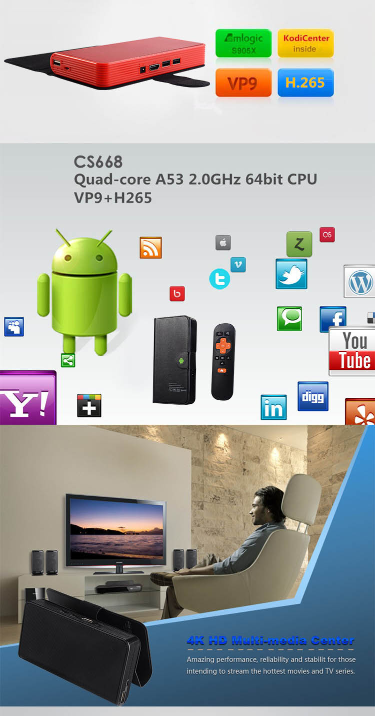 CS668 4K TV BOX 5000mAh Power Bank Bluetooth Speaker Combo Android 6.0  Amlogic S905X 8GB ROM WIFI DLNA Miracast  - Red