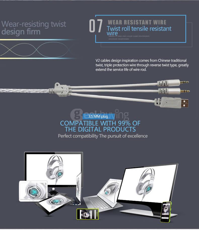 Xiberia V2 Over-ear Gaming Headphones LED Light Vibration Stereo Headsets PC Gamer Computer Super Bass - White