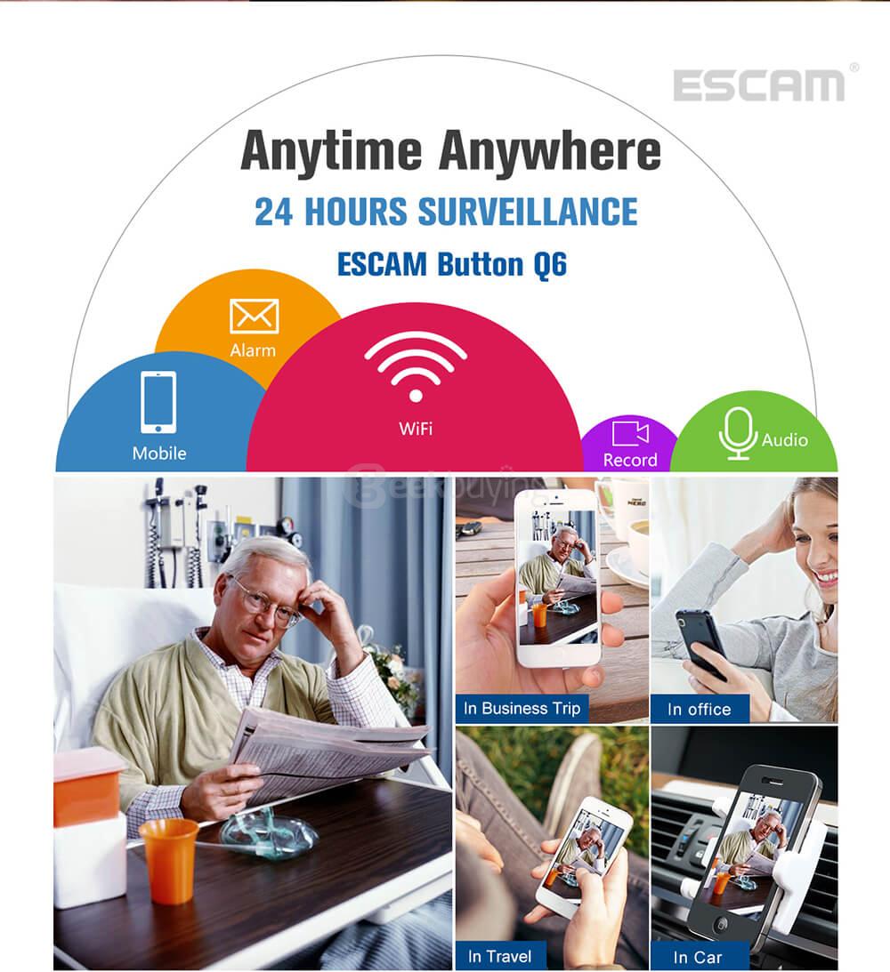 ESCAM Button Q6 Mini 720P WiFi IP Camera Night Vision Support 128GB Card Motion Detection Audio