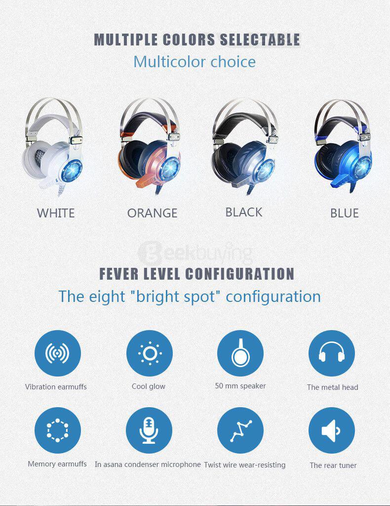 Xiberia V2 Over-ear Gaming Headphones LED Light Vibration Stereo Headsets PC Gamer Computer Super Bass - White