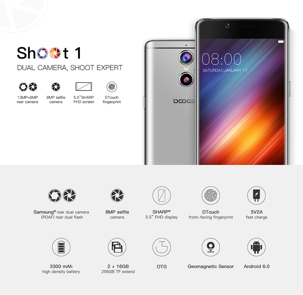 [HK Stock]DOOGEE Shoot 1 5.5inch FHD Android 6.0 Dual Rear Cameras 13.0MP+8.0MP Front Touch ID Smartphone MT6737T Quad Core 1.5GHz 2GB RAM 16GB ROM - Gold