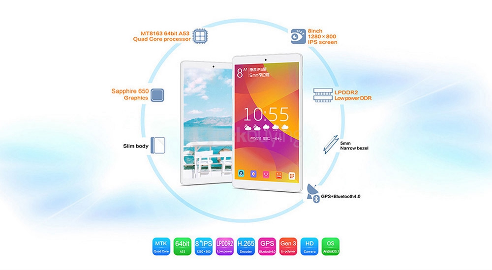 Teclast P80h Tablet PC 8 inch Android 5.1 1GB/8GB MT8163 Quad Core 1.3GHz IPS 1280*800 GPS Dual WiFi HDMI Miracast - White