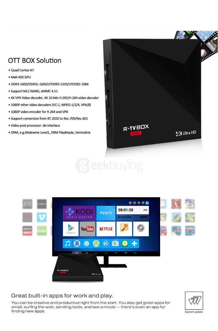 R-TV BOX MINI RK3229 4K VP9 Android5.1 Smart TV BOX 1G/8G WIFI LAN KODI DLNA Google TV Remote