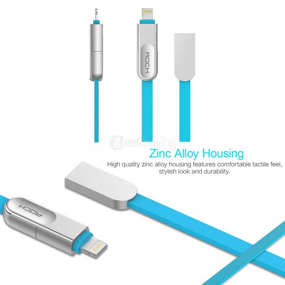 Rock 1M Micro + 8Pin Interface 2 In 1 USB Charging And Sync Zinc Alloy Cable For IOS And Android - Black