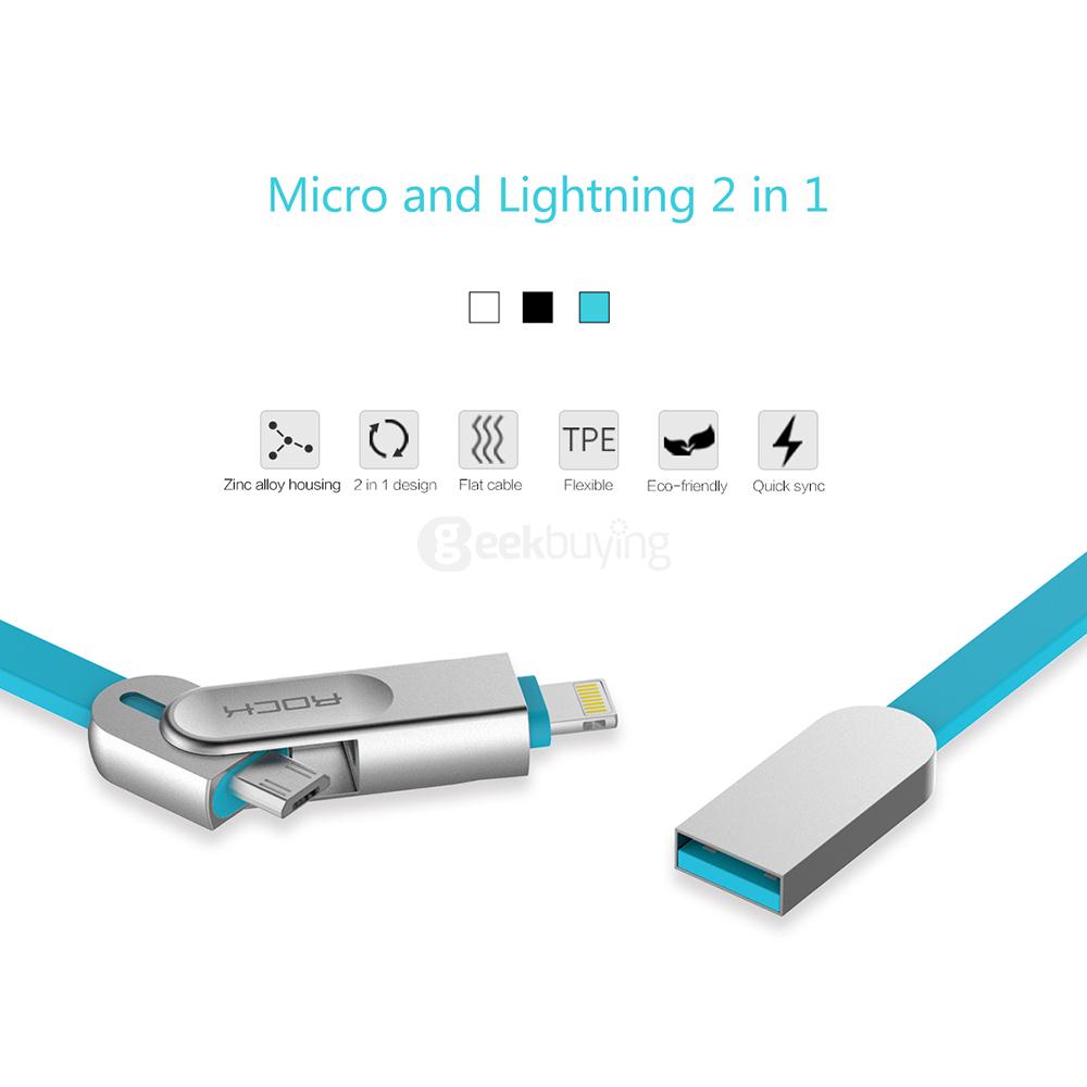 Rock 1M Micro + 8Pin Interface 2 In 1 USB Charging And Sync Zinc Alloy Cable For IOS And Android - Black