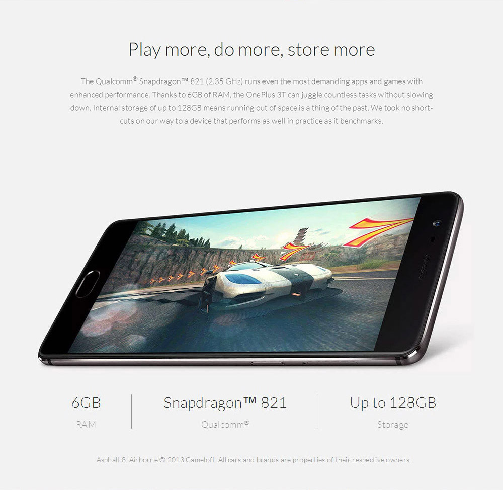 ONEPLUS 3T(A3010) 5.5inch AMOLED FHD 2.5D Corning Gorilla Glass 4 Screen Android 6.0 OS Smartphone Qualcomm Snapdragon 821 2.35GHz Quad Core 6GB 128GB 16.0MP+16.0MP Dash Charge Touch ID NFC Type-C - Gunmetal