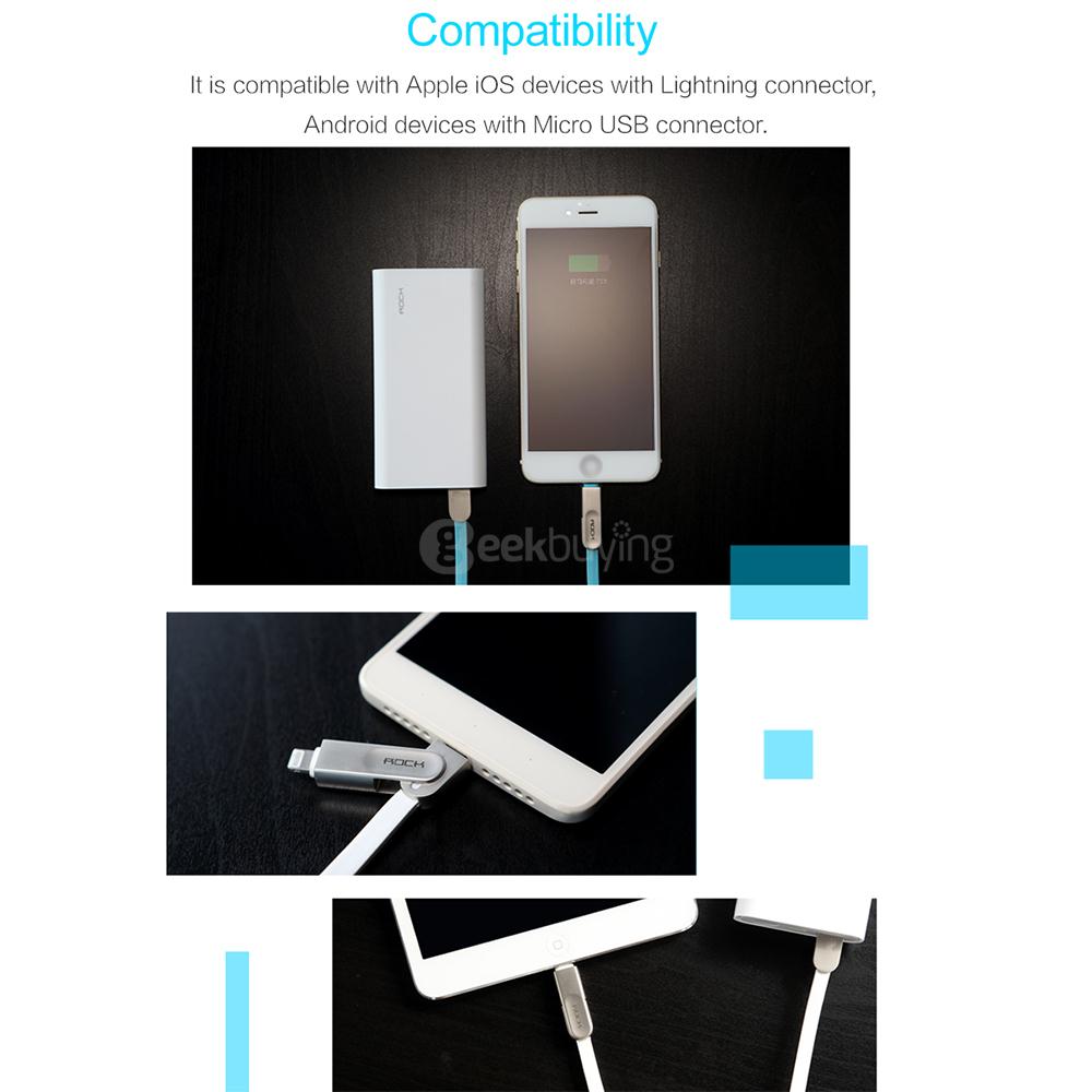 Rock 1M Micro + 8Pin Interface 2 In 1 USB Charging And Sync Zinc Alloy Cable For IOS And Android - Black