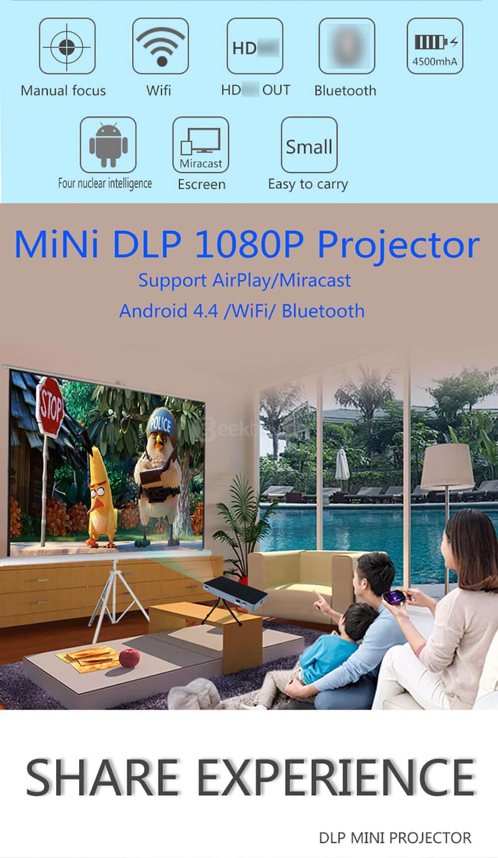 P8 Smart Mini DLP Projector Android 4.4 OS 1GB/8GB 800 Lumens 854*480 Pixel Bluetooth 4.0 2.4G/5.8G WiFi Airplay Miracat HD 1080P - Gold