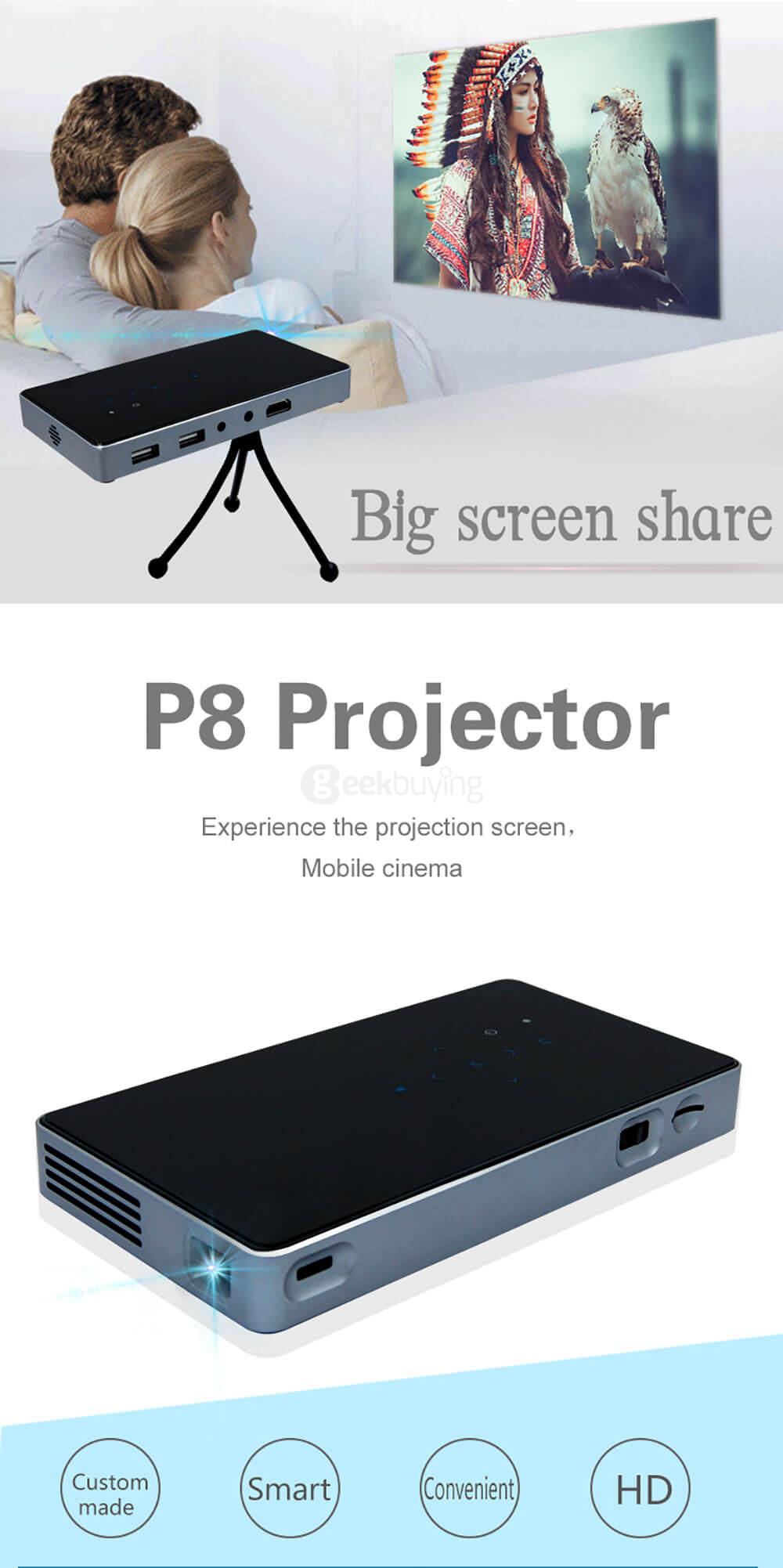 P8 Smart Mini DLP Projector Android 4.4 OS 1GB/8GB 800 Lumens 854*480 Pixel Bluetooth 4.0 2.4G/5.8G WiFi Airplay Miracat HD 1080P - Black