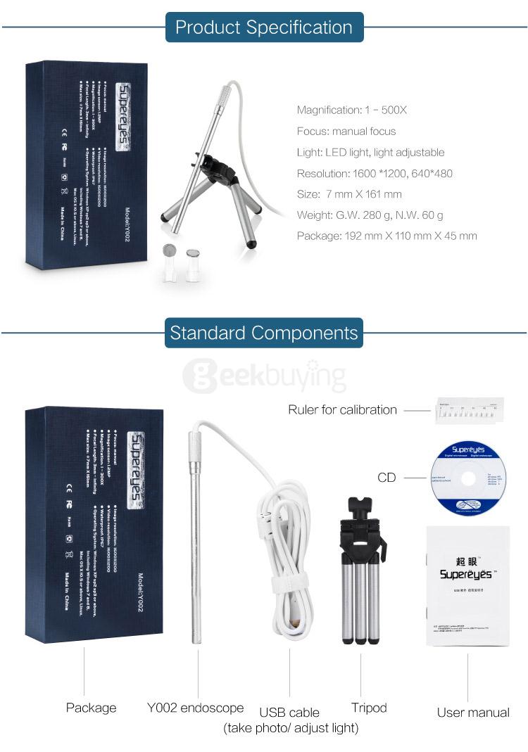 Supereyes Y002 7mm 200X IP67 Waterproof Handheld Digital Microscope Borescope Endoscope Otoscope with LED