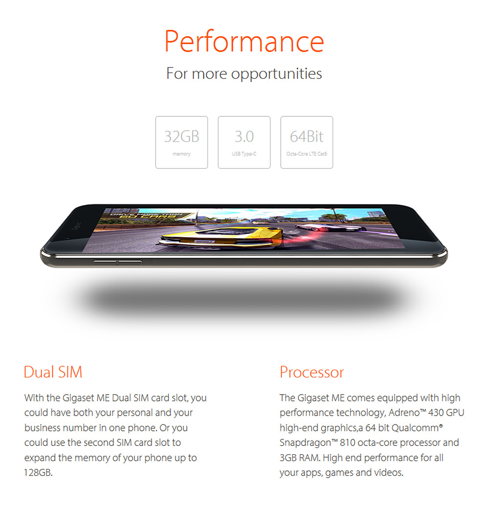 [Spain Stock]Gigaset ME Pro 5.5 Inch 2.5D FHD Screen Gigaset UI Smartphone Qualcomm Snapdragon 810 Octa Core 3GB RAM 32GB ROM 8.0MP+20.0MP Bone Conduction Touch ID Type-C - Black