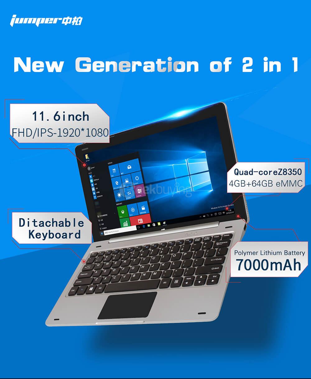 [Pacakge B] Jumper EZpad 6 Ultrabook Tablet PC 11.6 inch Windows 10 4GB/64GB Intel Atom X5 Z8350 Quad Core 1.92GHz IPS 1920*1080 - Silver