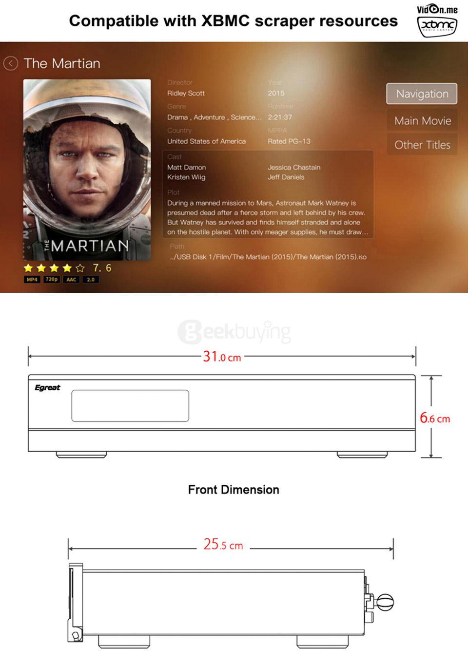 Egreat A10 4K UHD Media Player Hi3798CV200 2G/16G AC WIFI Gigabit LAN HDR10 Blu-ray 3D Dolby ATOMS DTS X VIDON XBMC