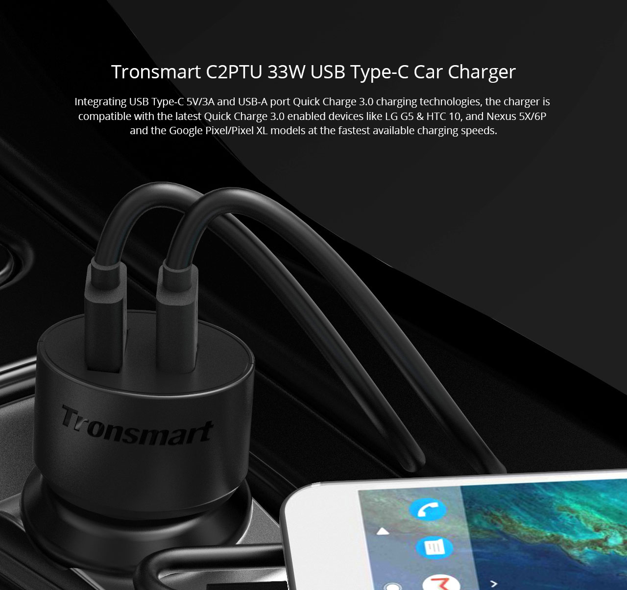 Tronsmart 2 Ports Quick Charge 3.0 33W Type A USB Car Charger for Quick Charge 3.0 and 2.0 Compatible Device