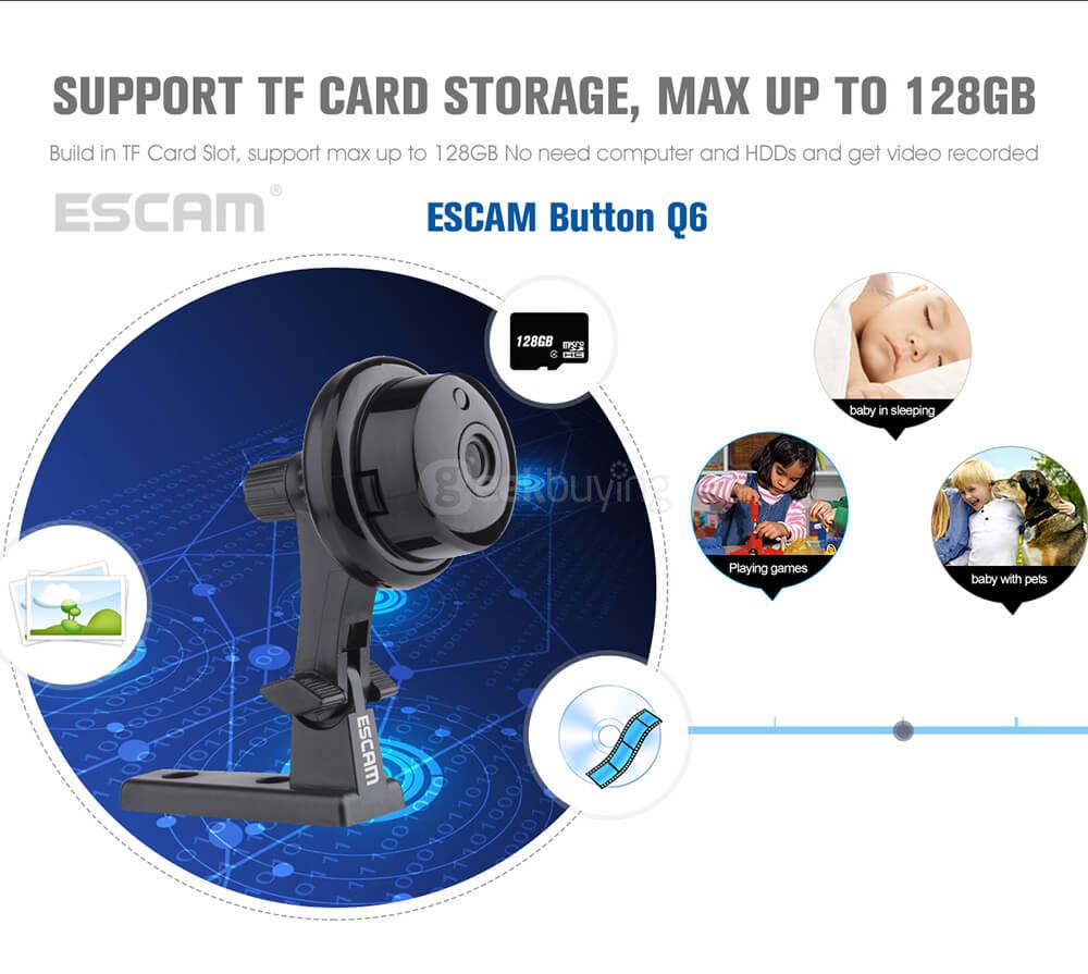 ESCAM Button Q6 Mini 720P WiFi IP Camera Night Vision Support 128GB Card Motion Detection Audio