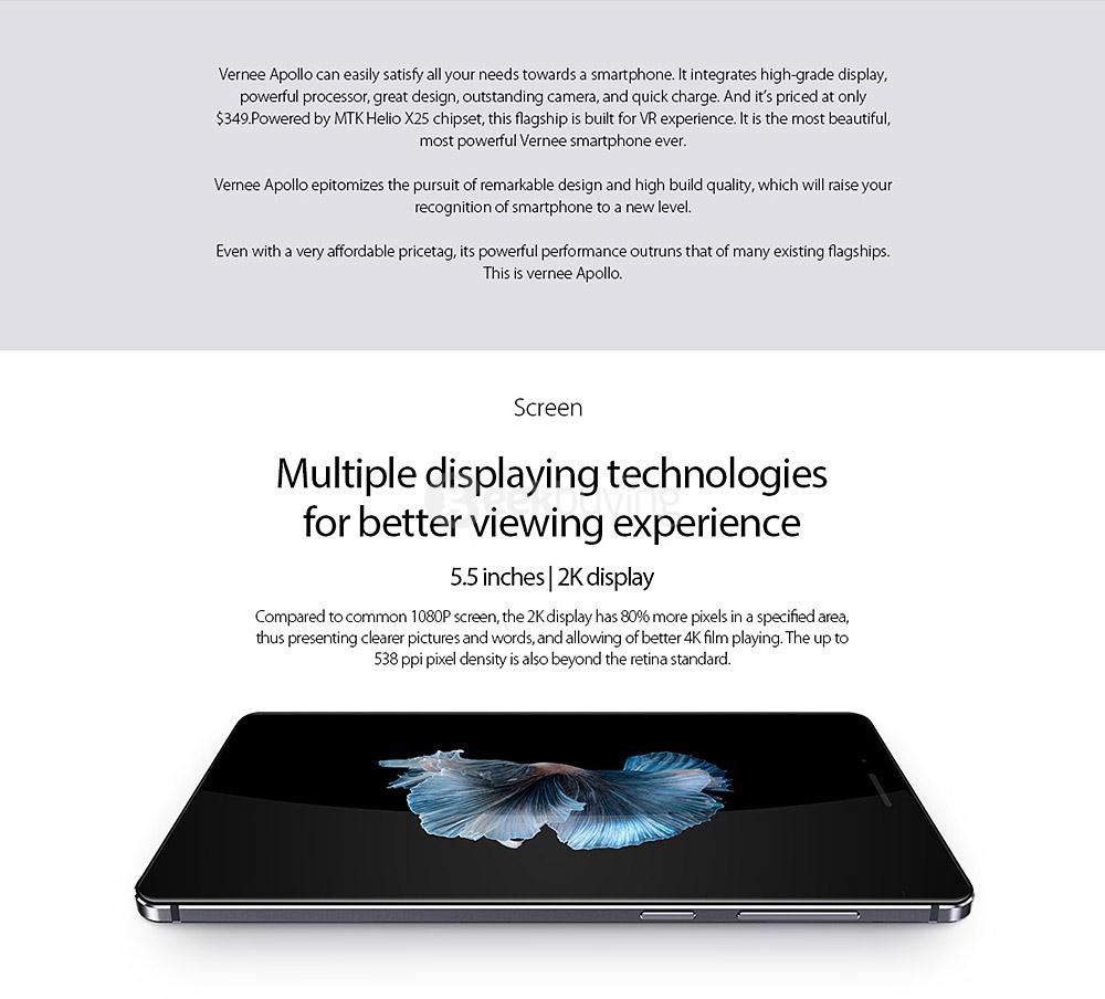 [HK Stock]Vernee Apollo 5.5inch 2.5D 2K Screen Android 6.0 Smartphone Helio X25 MT6797T Deca Core 4GB RAM 64GB ROM 21.0MP 8.0MP Touch ID VR Support Type-C - Gray