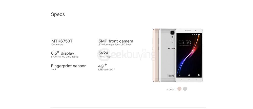 [HK Stock] Doogee Y6 MAX 6.5 Inch FHD 2.5D Screen Android 6.0 4G+ LTE Smartphone MT6750 64-Bit Octa core 3GB RAM 32GB ROM 13.0MP Touch ID - Gold