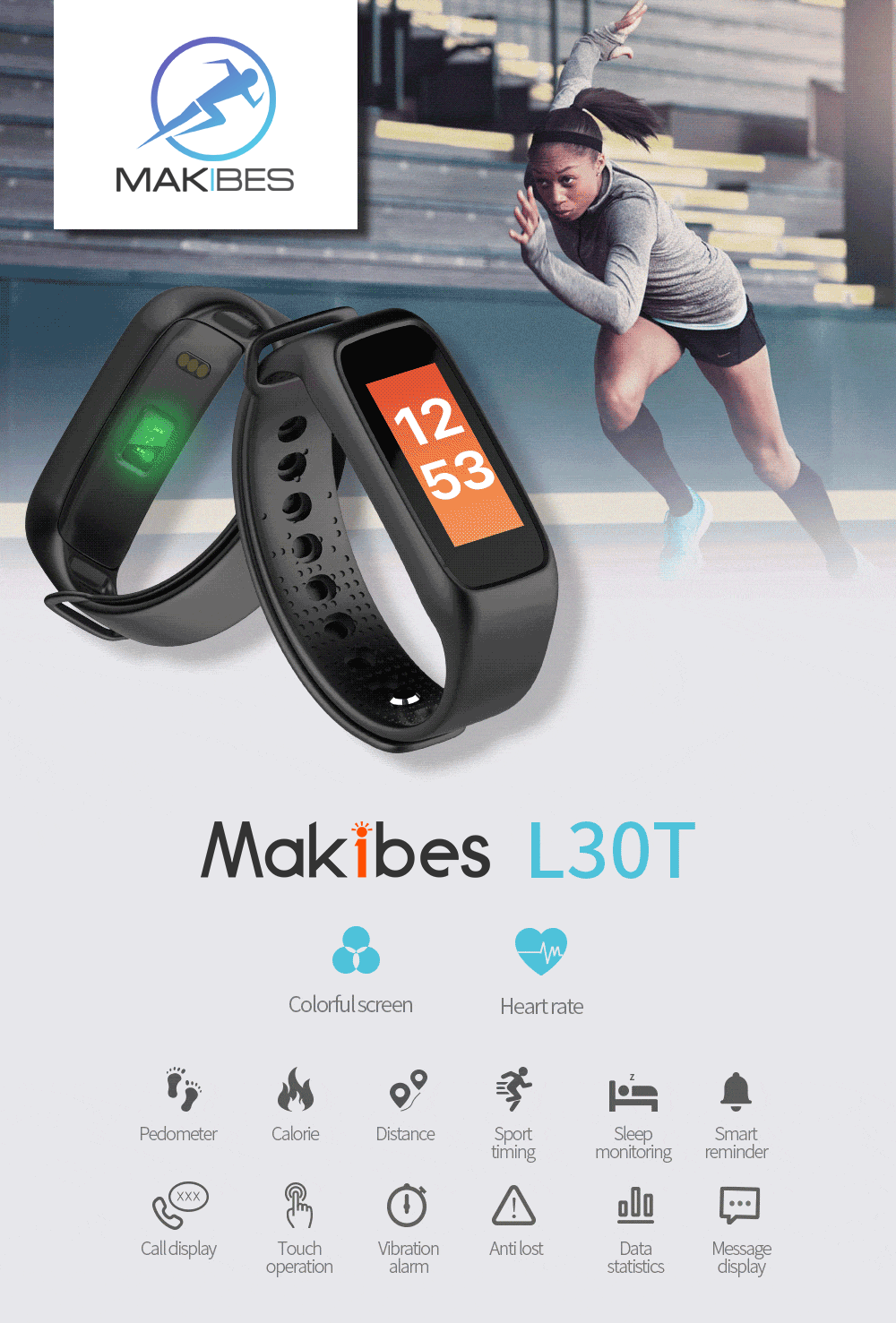 Makibes L30T Pulsera inteligente para monitor de ritmo cardíaco Negro
