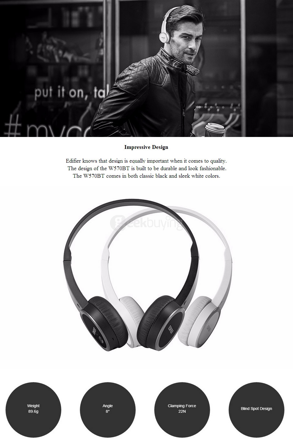EDIFIER W570BT Wireless Bluetooth 4.0 Headphones On-Ear Controls Lightweight Over-ear Stereo Headset with Mic for IOS/Android - Black