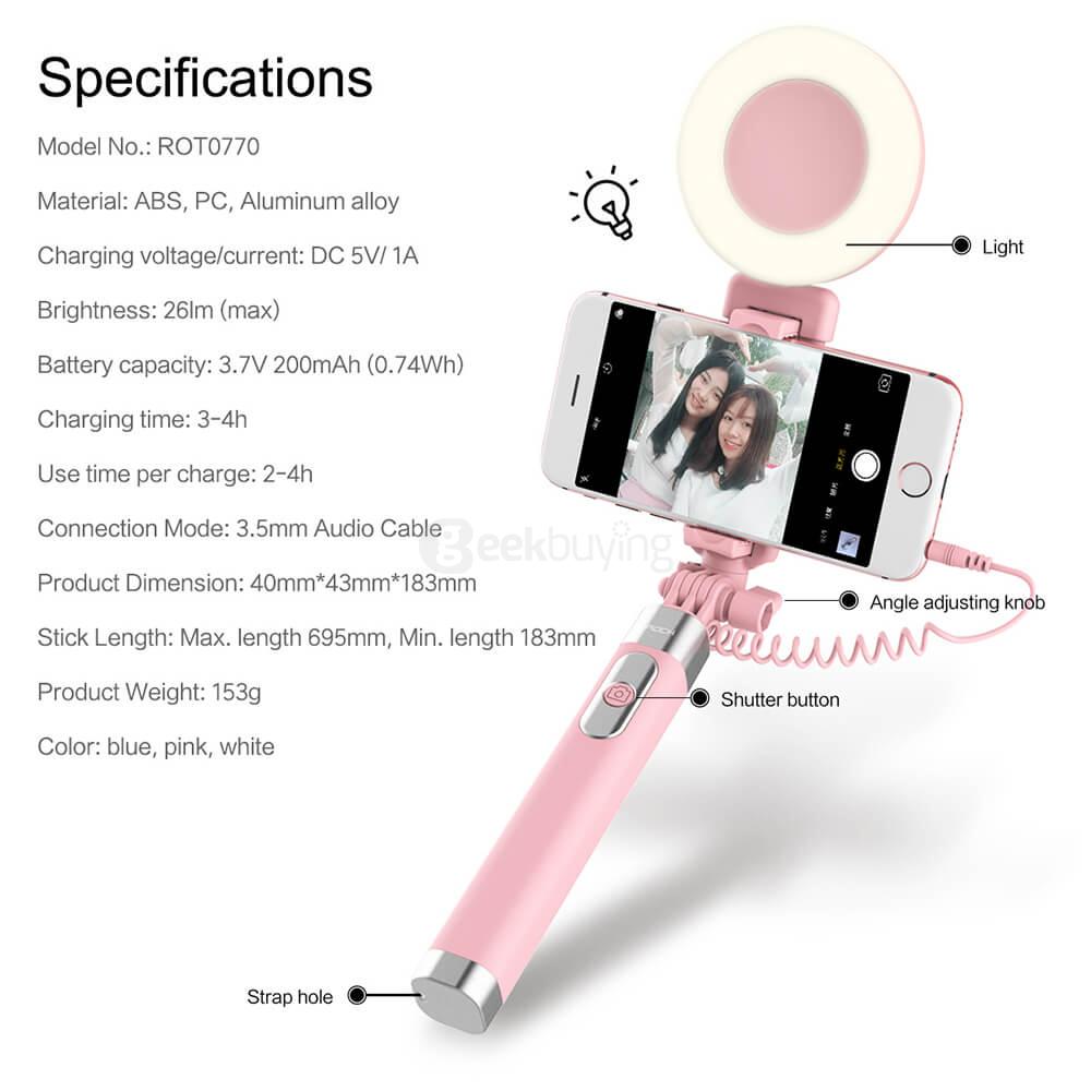 ROCK ROT0770 3.5mm Wire Control Extendable Monopod Selfie Stick with Night LED Fill Light for iPhone and Android  - Blue
