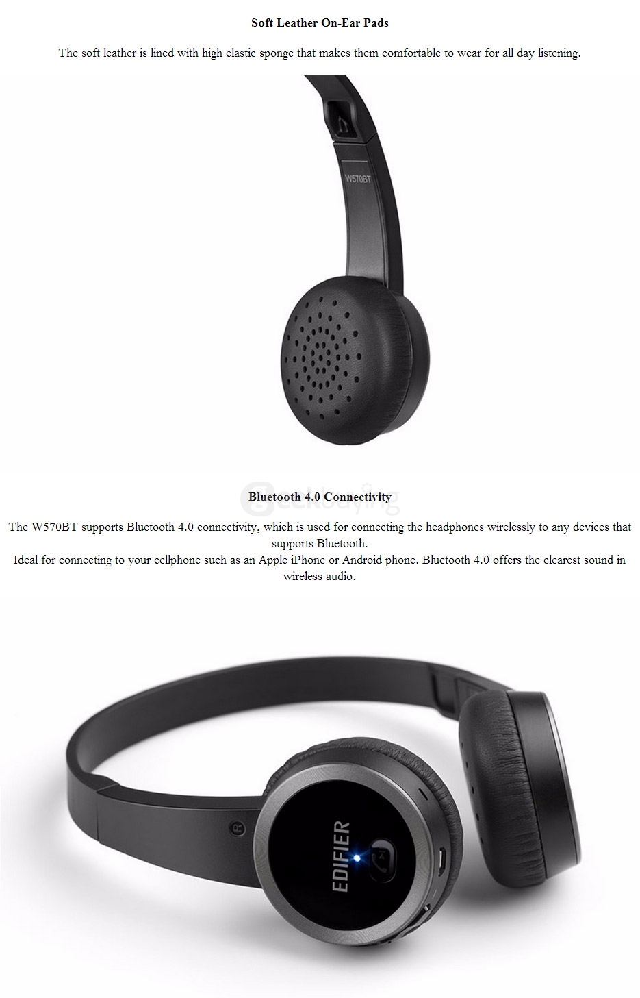 EDIFIER W570BT Wireless Bluetooth 4.0 Headphones On-Ear Controls Lightweight Over-ear Stereo Headset with Mic for IOS/Android - Black