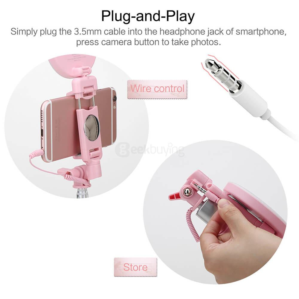 ROCK ROT0770 3.5mm Wire Control Extendable Monopod Selfie Stick with Night LED Fill Light for iPhone and Android - Pink