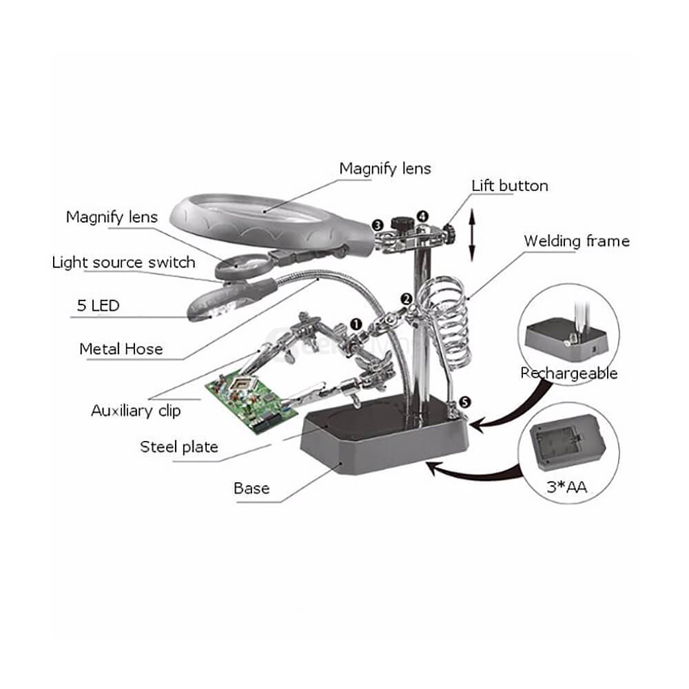 Rechargeable LED Helping Hand Soldering Welding Stand Clamp Tool With 2.5X 7.5X Magnifier - Gray