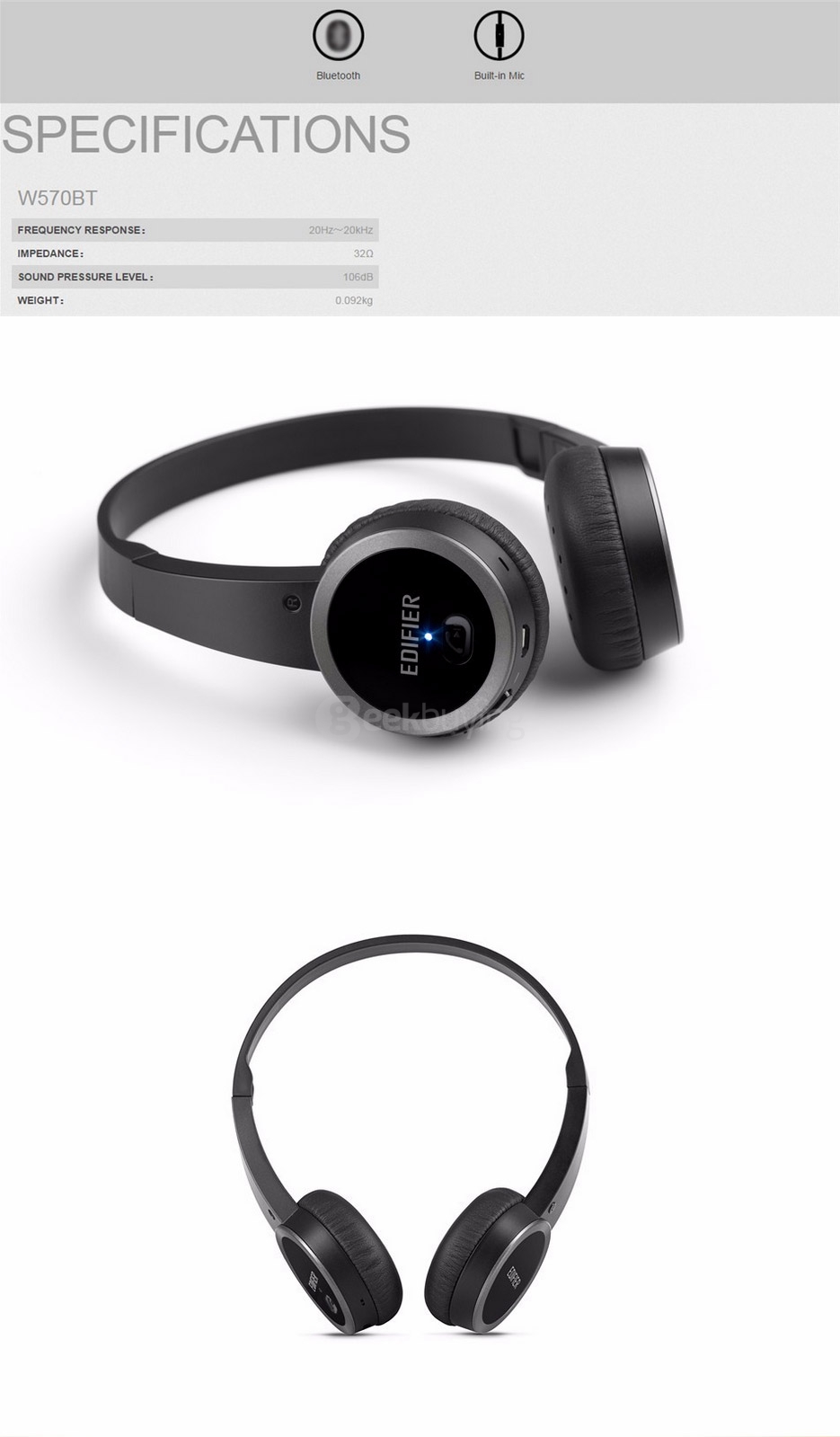 EDIFIER W570BT Wireless Bluetooth 4.0 Headphones On-Ear Controls Lightweight Over-ear Stereo Headset with Mic for IOS/Android - Black