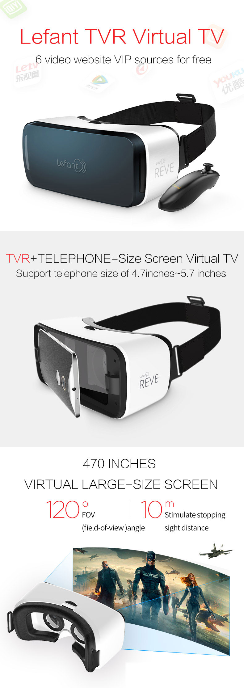 Lefant LMJ6 TVR FOV120 Immersive 3D VR Virtual Reality Headset Focus Adjustable for 4.7-5.7 Smartphones