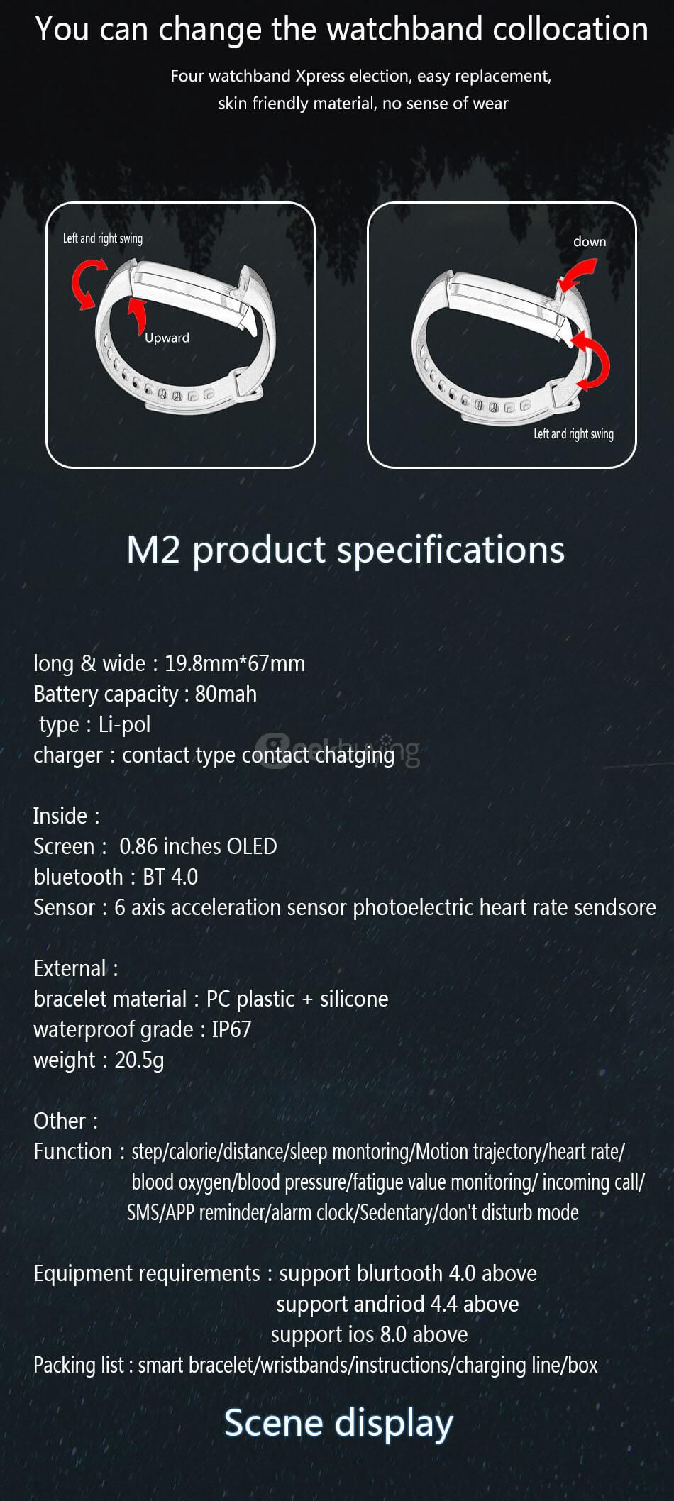 Makibes M2S Smart Bracelet Heart Rate Blood Pressure Pulse Meter Fitness Tracker Wristband for iOS Android - Purple