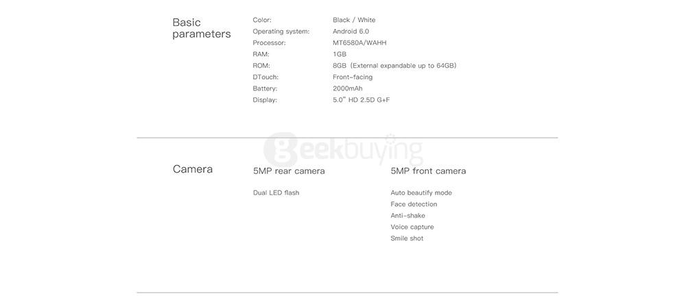 [HK Stock] Doogee X9 Mini 5.0 Inch HD Screen Android 6.0 Smartphone MT6580 Quad Core 1.3GHz 1GB RAM 8GB ROM 5.0MP Touch ID - White