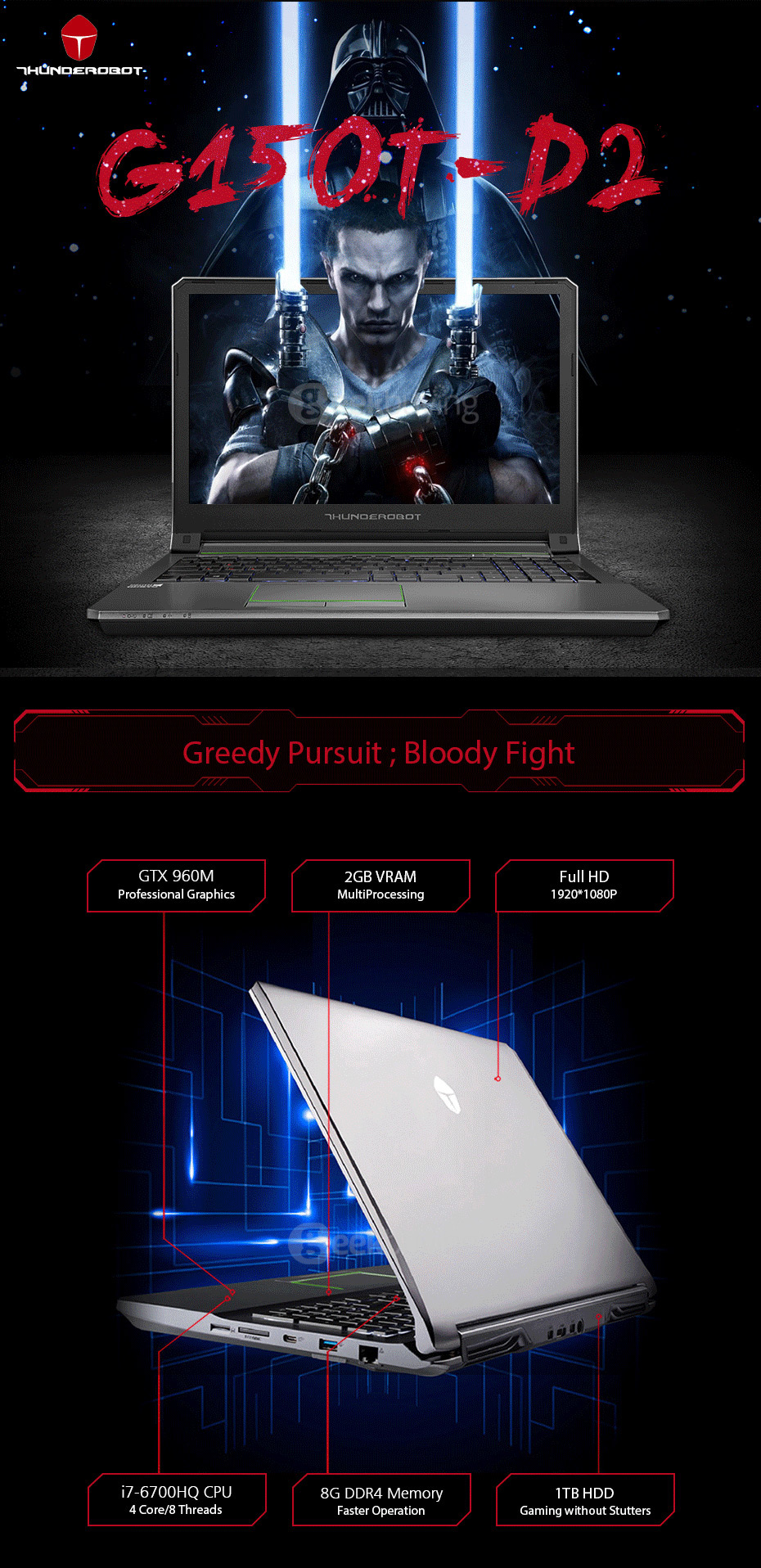 [HK Stock] ThundeRobot G150T-D2 Gaming Laptop 15.6 Inch DOS Intel Core i7 6700HQ Quad Core 3.5GHz GTX 960M 2GB VRAM 8GB RAM 1TB HDD FHD Screen 1920*1080 White Backlight Keyboard - Gray