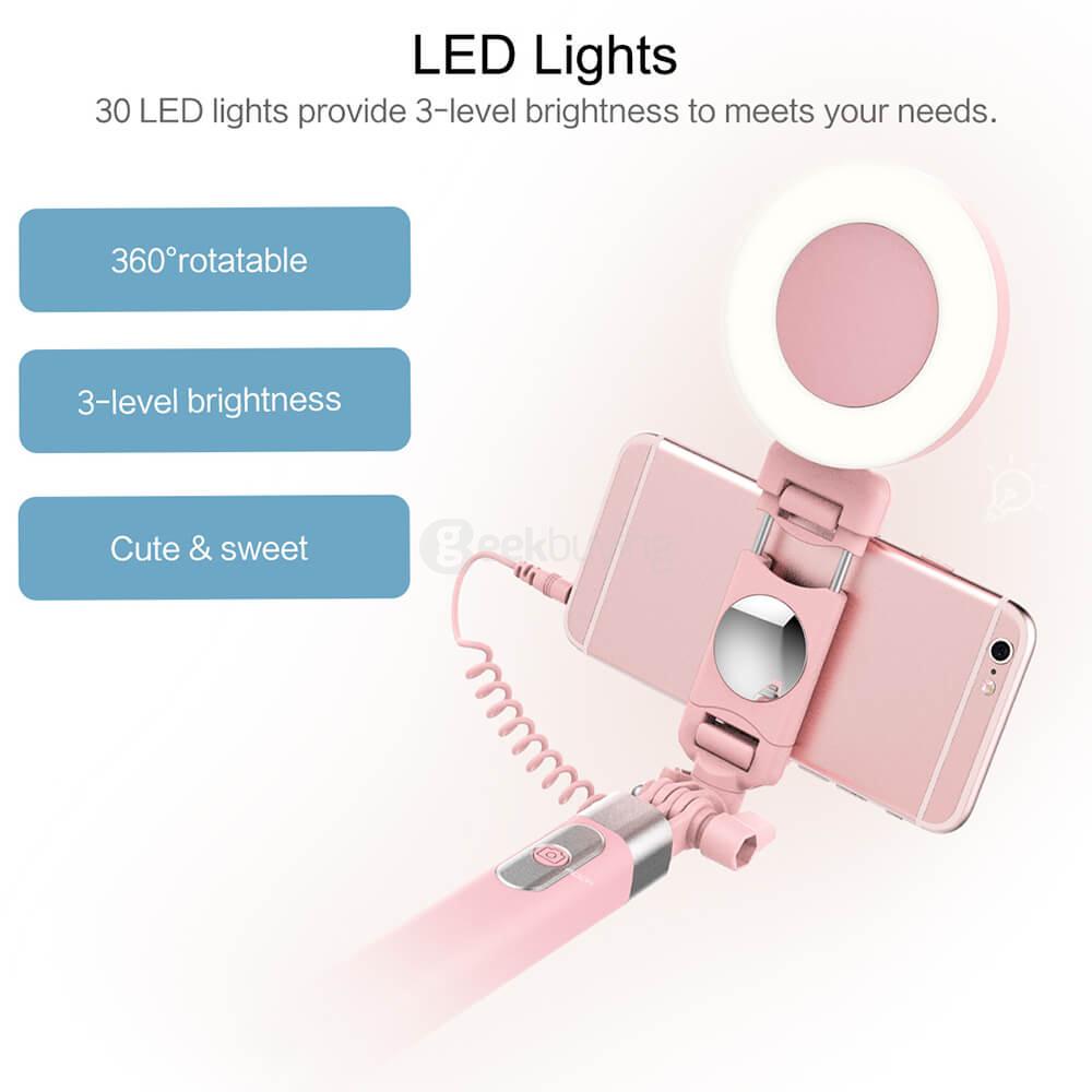 ROCK ROT0770 3.5mm Wire Control Extendable Monopod Selfie Stick with Night LED Fill Light for iPhone and Android  - Blue